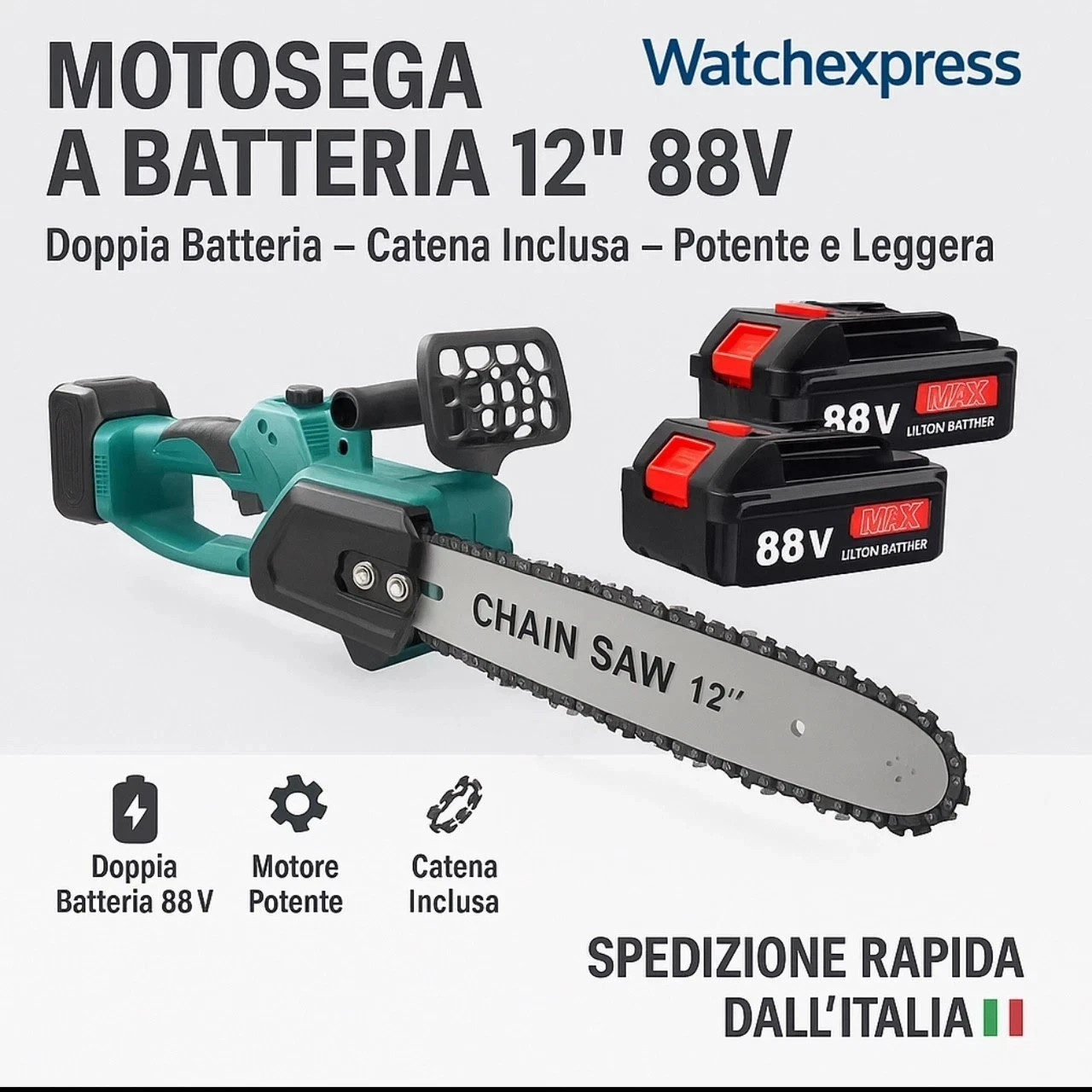 Motosega a Batteria 12 Pollici 48V Doppia Batteria con Olio Automatico