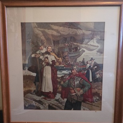 Pilgrims Landing Matted & Framed Realism Art Print Ship Figures Americana
