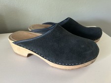 Vintage Holie Wooden Heel Swedish Slip On Clogs Black Suede Leather Sz 7/8