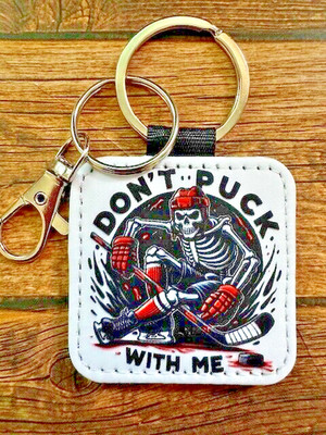 Square Key Chain Backpack Tag Faux Leather Hockey Don't Puck w/Me Skeleton RTS