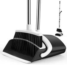 Broom and Dustpan Set 51" | Long Handle Angle Broom with Teeth Black/White