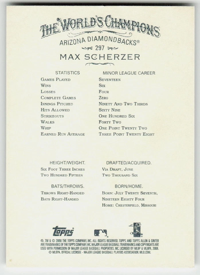 2008 Topps Allen & Ginter #297 Max Scherzer béisbol Arizona Diamondbacks Foto 2 de 2