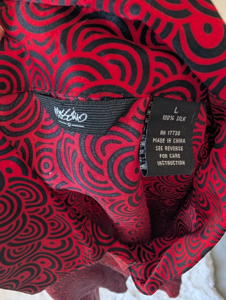 Top de seda Mossimo vintage para mujer L Mod estampado circular rojo negro años 90 con botones Y2K Foto 3 de 4