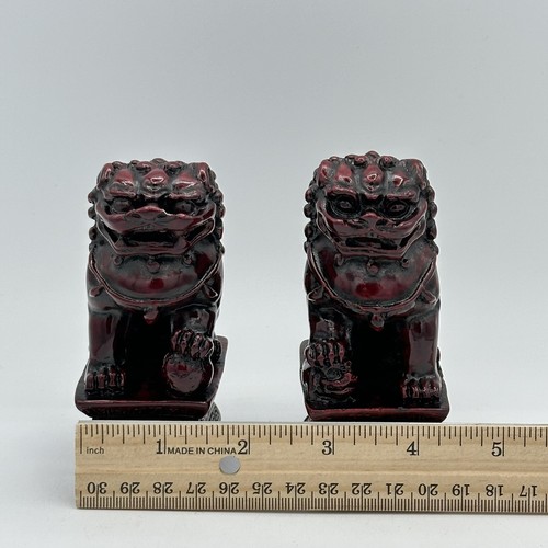 Pair Chinese Foo Dogs 4 Inch Tall Heavy Dark Red Resin Very Detailed Asian Decor - Picture 6 of 12