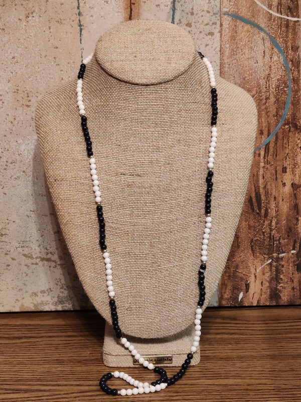 Long Small Gold Tone Navy Dark Blue White Bead Necklace Holiday Memorial Day