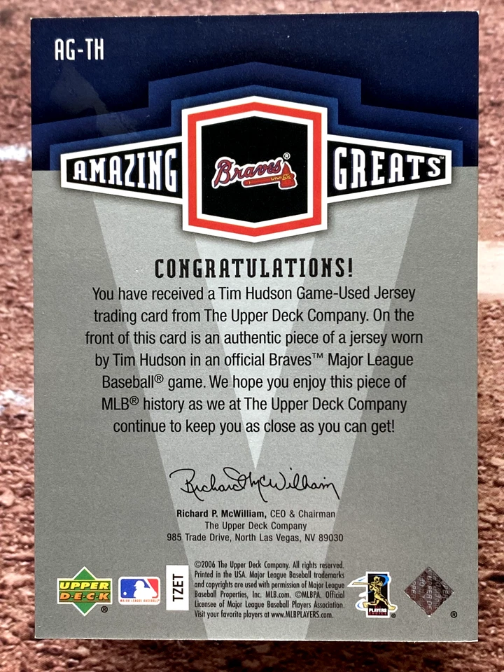 2006 Upper Deck Amazing Greats Jersey Relic Tim Hudson #AG-TH - Image 2 of 2
