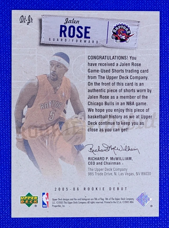Jalen Rose 2005-06 Upper Deck Rookie Debut Threads RC  #DT-JR Toronto Raptors - Image 2 of 2