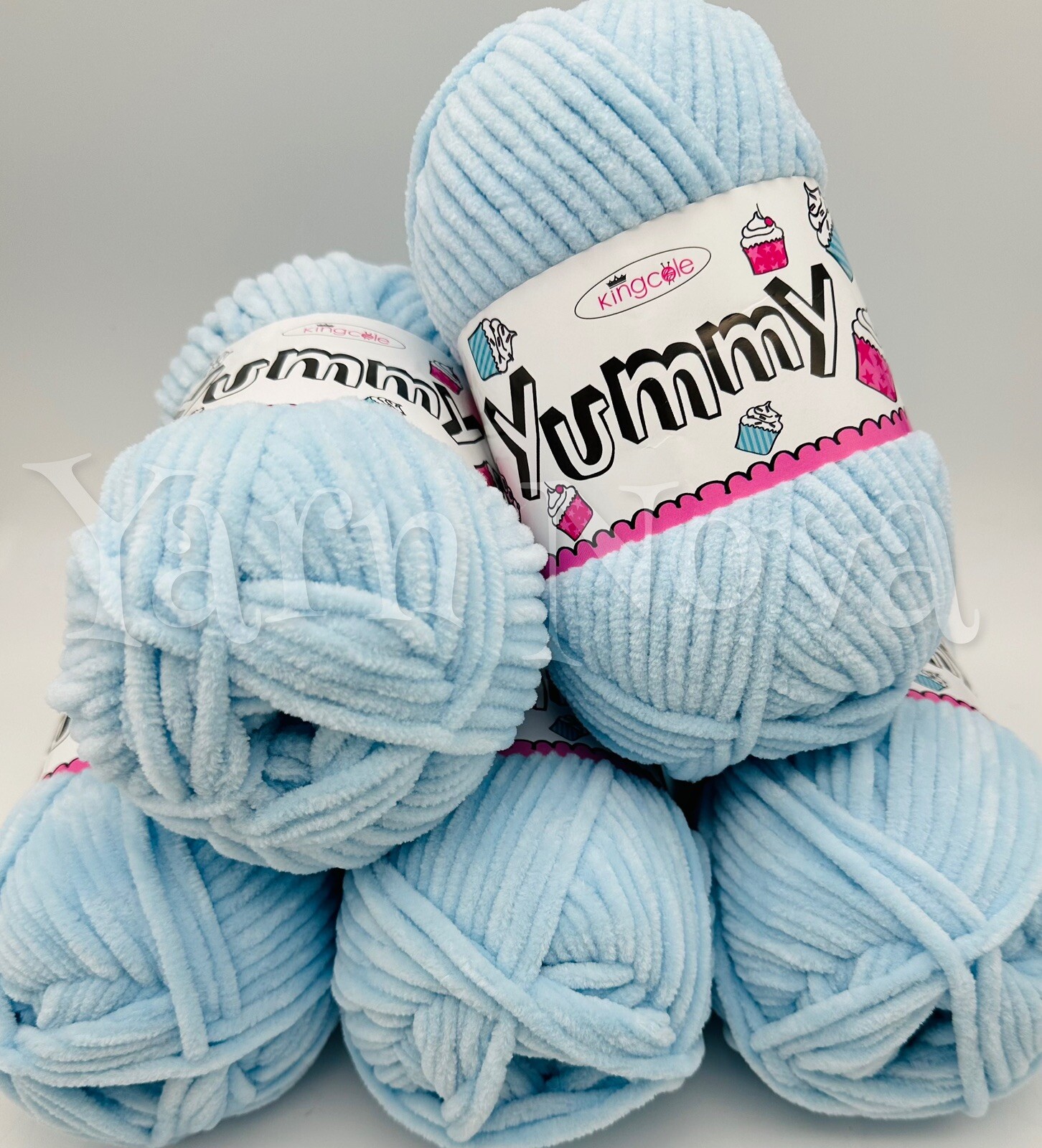 King Cole Yummy Chenille Knitting Crochet Yarn Wool - 5x100g Balls - 2222 Sky