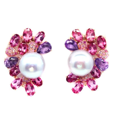 Ohrringe 925 Silber 12 MM Gemmsteine Grau Perle Amethyst Topas Saphir - Bild 1 von 4