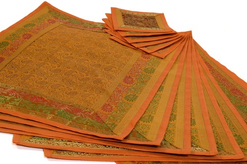 13 Teile Tischläufer Senf Indisch Banarasi Seide Brokat Paisley Esszimmer Dekor Tuch - Bild 3 von 6