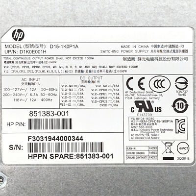 HP 851383-001 Z4 G4 / Z6 G4 1000W Switching Power Supply D15