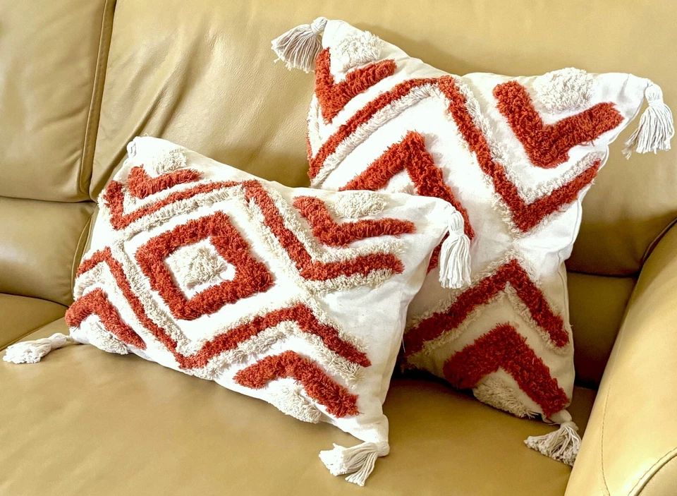 2 Размеры сожженный оранжевый бежевый богемное стеганый геометрические кисточки подушка чехол новый - Изображение 2 из 4