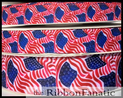 3yds Lilly 4th of July Red White Blue Flags 5/8'' 7/8'' 1.5'' Grosgrain Ribbon