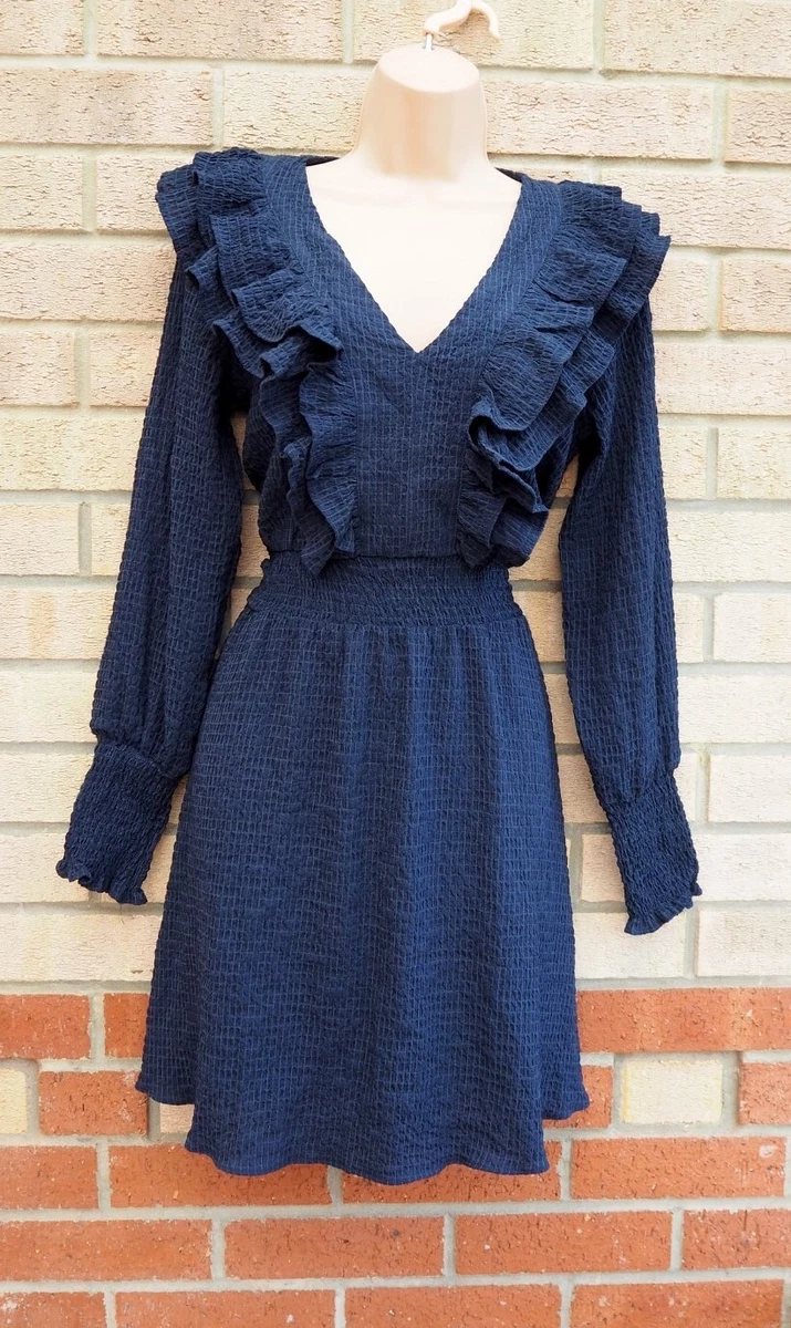 OASIS BLUE WRINKLE RUFFLE LONG SLEEVE SKATER TEXTURED WINTER FRILL