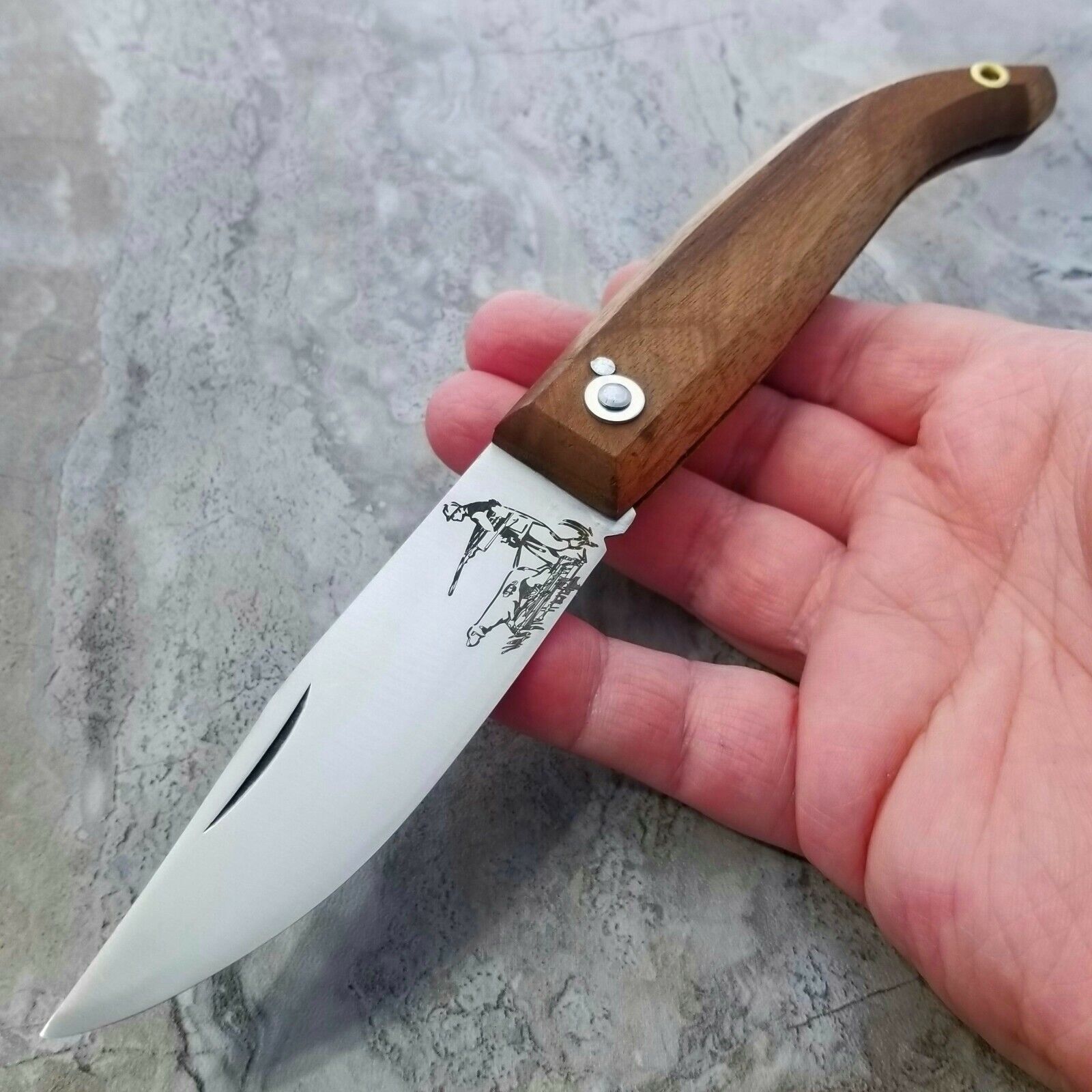 BORDO HUNTER BLADE ETCH WOOD HANDLE FRICTION FOLDER POCKET KNIFE