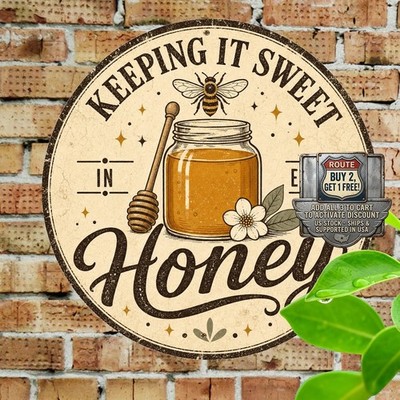 Sweet Honey Bee Hive Badge Sign Round 8x8 inch Farmhouse Kitchen Tin Plaque