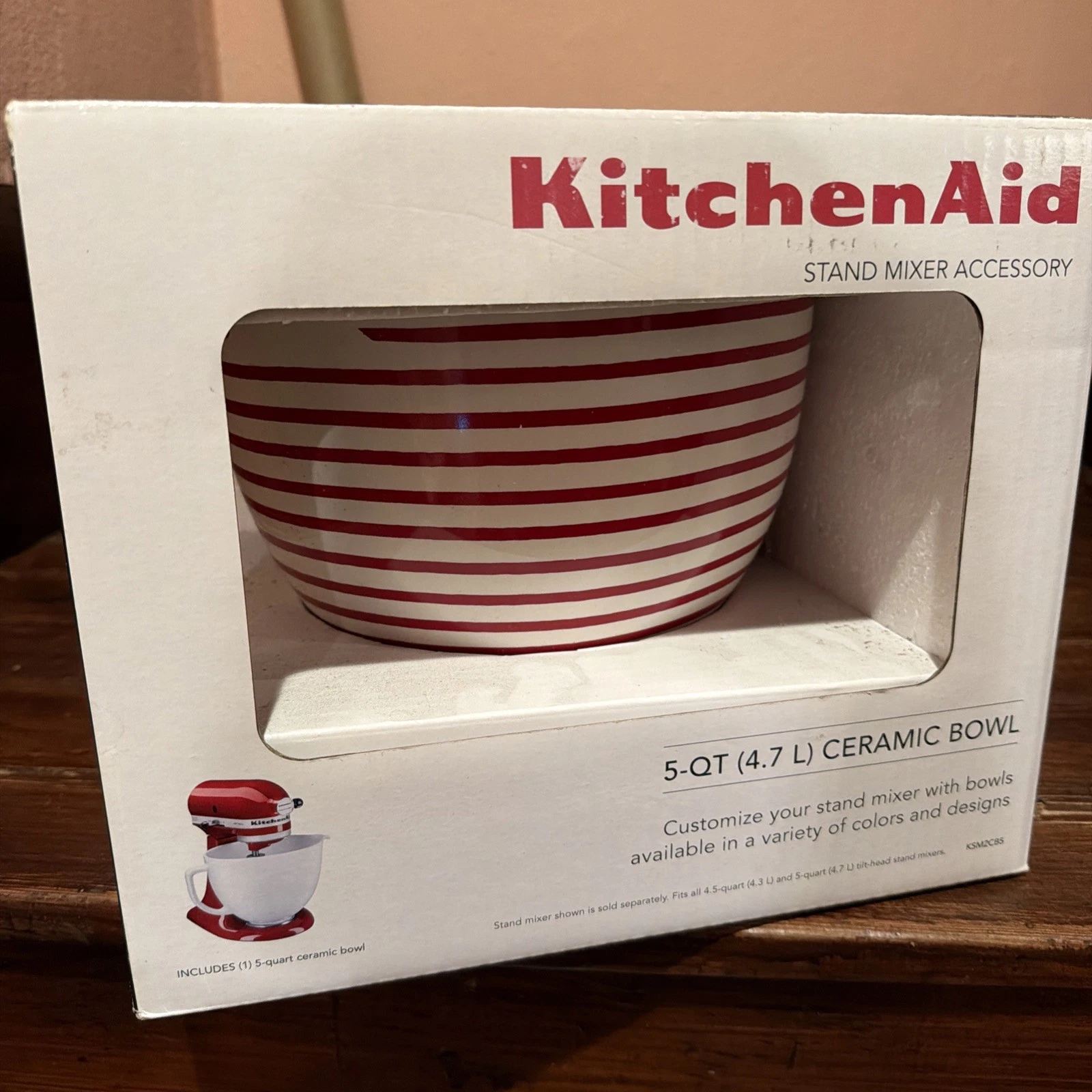 KitchenAid 5-Quart Ceramic Red White Bowl For 4.5 & 5-qt Tilt-Head Stand Mixe...