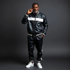 Men's Leather Track Suit Sweatsuit Black/White Jogging Tracksuit