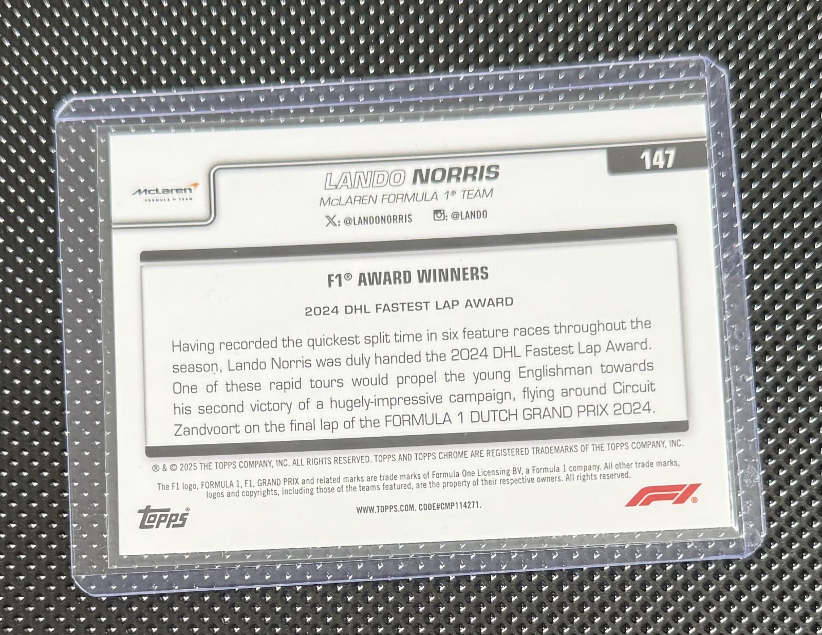 2025 Topps Chrome Lando Norris DHL Fastest Lap McLaren #147 view 2