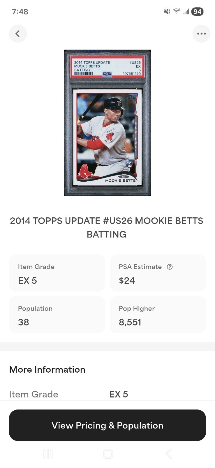 2014 MOOKIE BETTS TOPPS UPDATE BASEBALL ROOKIE CARD RC #US-26 PSA 5 RED SOX view 7