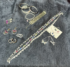 Lot of 14 Costume Jewelry Silver Tone Necklace Bracelet Earrings