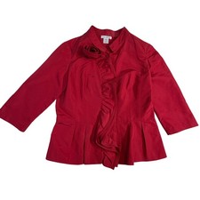 Oscar de la Renta Silk Jacket – US 14 Red Rosette Ruffle Peplum Blazer