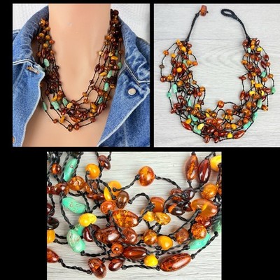 Baltic Amber Turquoise Multi Strand Chunky Necklace Honey Butterscotch Cognac