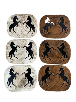 Set of 6 Hide On Leather Cowhide Horse Patchwork Placemats 3 Light 3 Dark