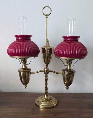 Vintage Brass Double Arm Student Library Desk Lamp Red Glass Shades 24.5'' NICE