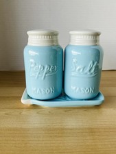 Mason Light Blue Ceramic Salt  Pepper Shakers with Tray Set