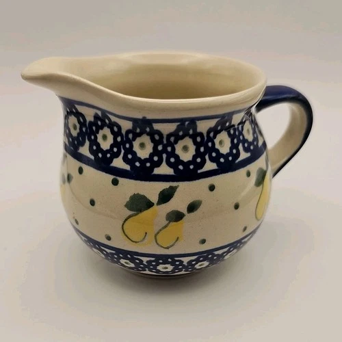Boleslawiec Polish Pottery Pear Fruit Pitcher Small Yellow Blue
