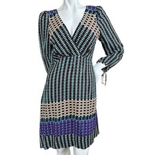 Anthropologie Maeve “Gianna” Geometric Multicolor Retro Faux Wrap Dress 4 Petite
