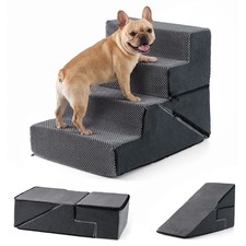 4-Step Pet Stairs for Small Dogs and Cats, Portable Grey Polyester Dog Steps