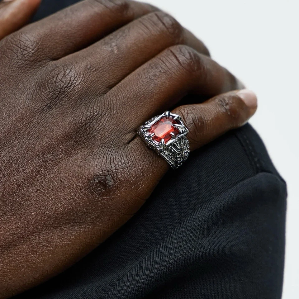 Silver Red Stone Ring Men 8.5 Goth Punk Horror Biker Claw Tooth Ruby Color - Image 2 of 2