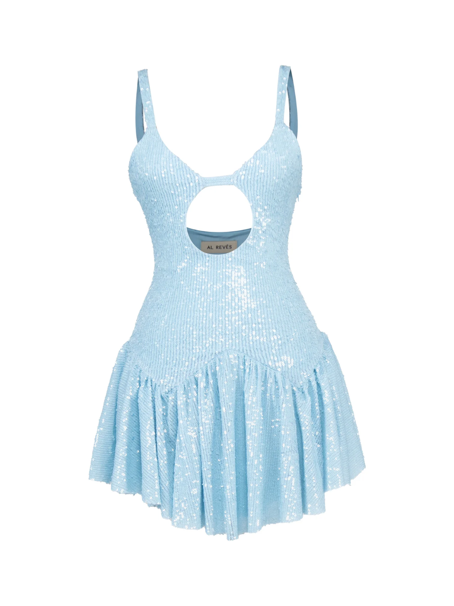 light blue sequin mini dress Stage Lights in This bodycon mini features a velvet outer with shimmering blue sequin detailing and a square neckline with thick straps Size 8 / S Blue