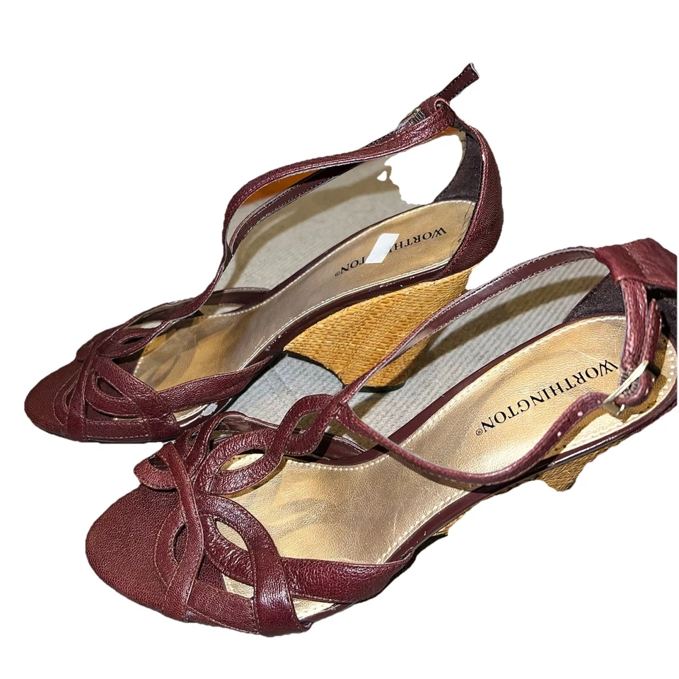 Worthington- Burgundy- Size 8- Sandals/ Wedges- With Canvas Wedge- Ankle Straps - Image 3 of 4