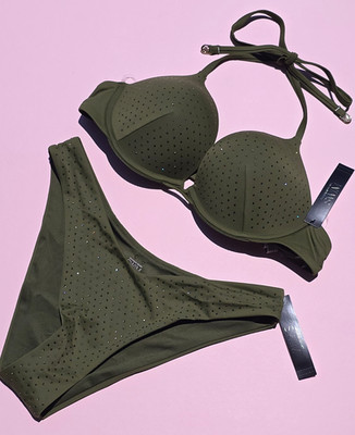 Victoria's Secret Swim Bombshell Diamante Push-up Set Green Brazilian +2 cups