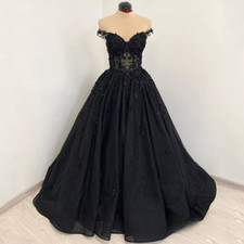 Black Wedding Dresses Beaded Applique Off Shoulder Tulle Lace Up Back Ball Gowns