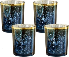 20191NA Mercury Glass Tea Light Holder (Set of 4), Deep Blue/Gold