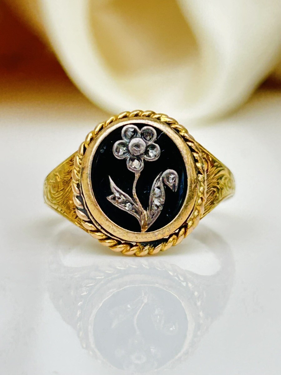 Antique Georgian Rose Cut Diamond Forget Me Not Ring Black Enamel