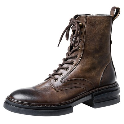 V*e様 Vintage German Motorcycle ジップレザーブーツ Retro Style Mens Spring Lace Up Motorcycle Zipper Ankle Boots Real