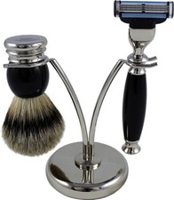 Brass  Acrylic Shaving Set - Hans Baier - Brush Badger Hair Silvertip Razor