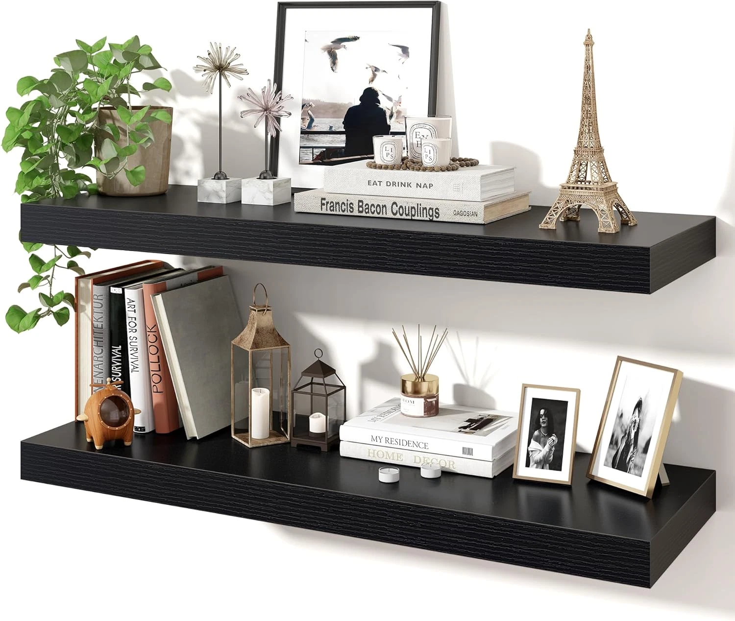 Rustic Floating Shelves Set of 2 - 32 Inch Wall Mounted Home Decor, Black