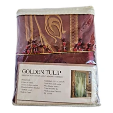VTG Luxury Curtains Sheers Delon Tulip Pattern Burgundy Gold Thread Beaded 84"