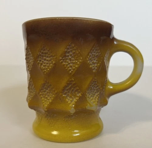 Vintage Anchor Hocking Fire King Kimberly Diamond Coffee Cup Mug Yellow Brown