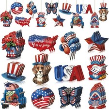24 Pcs 4th of July Patriotic Ornaments for Tree Wooden Memorial Day