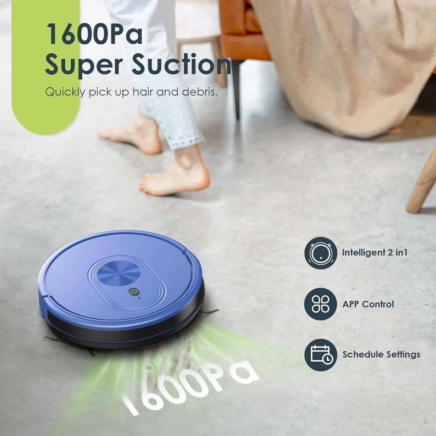 XIEBro 3 in 1 Self-Charging Robot Vacuum and Mop Combo, 1600Pa HR101 - BLUE