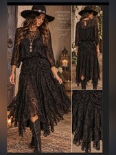Vintage 80s Hand Beaded Black Lace Dress Handkerchief Hem Medium