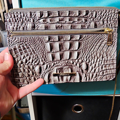 Brahmin Gray Embossed Croc Wristlet Clutch Pouch Gold Hardware Zip, Pockets