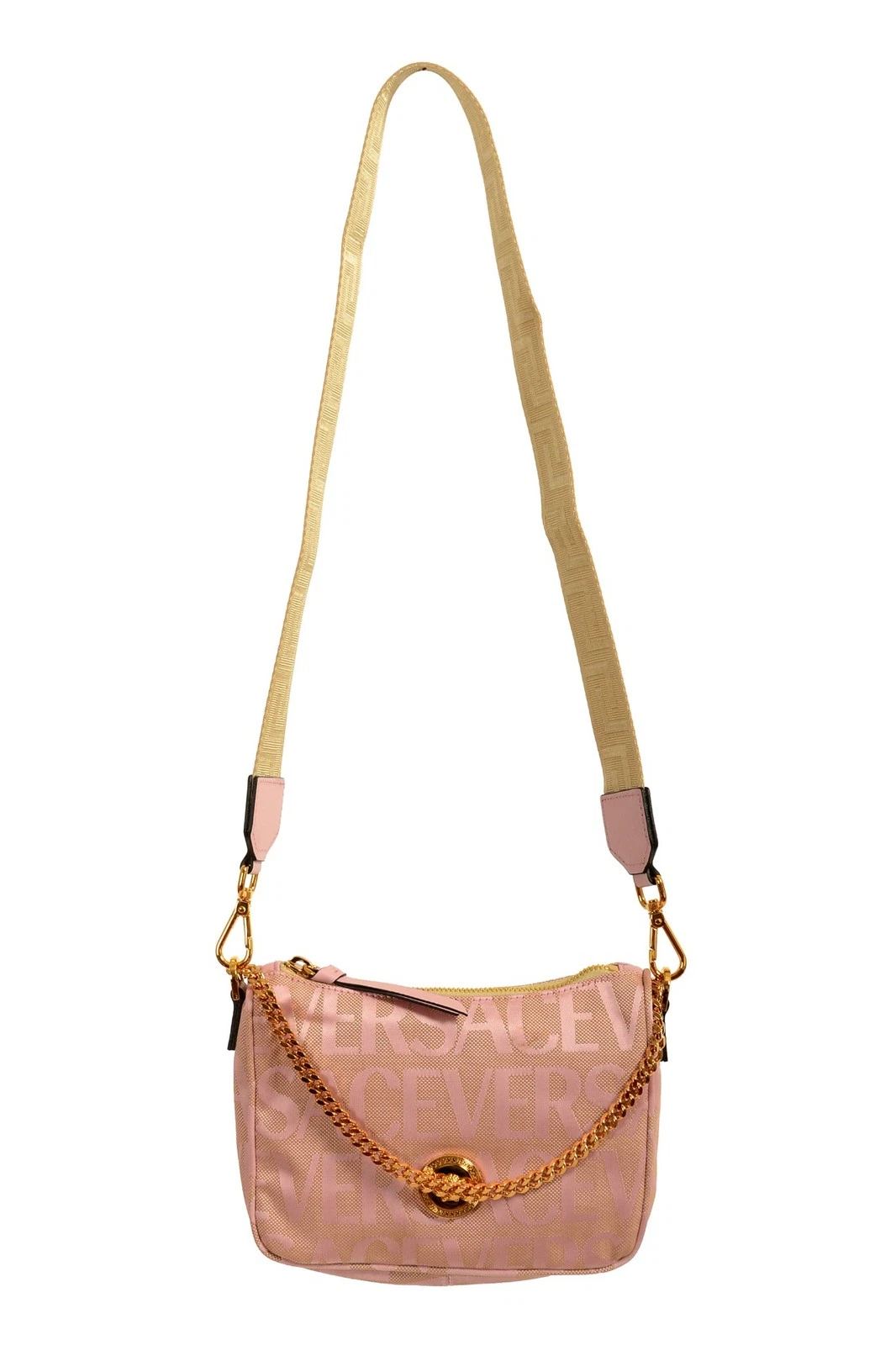 Versace — Versace Women's Pink Logo Print Gold Medusa Small Hobo Handbag Shoulder Bag